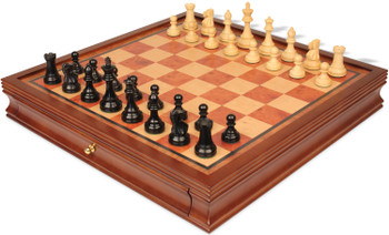 British Staunton Chess Set Ebonized & Boxwood Pieces with Elm Burl & Bird's-Eye Maple Chess Case - King
