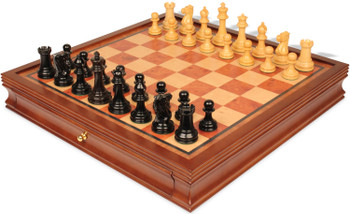 1849 Heirloom Staunton Chess Set Ebony & Boxwood Pieces with Elm Burl & Bird's-Eye Maple Chess Case - King