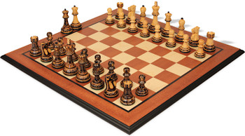 Reykjavik Series Chess Set Burnt Boxwood Pieces with Mahogany & Maple Molded Edge Chess Board - King