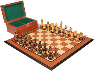 Reykjavik Series Chess Set Burnt Boxwood Pieces with Mahogany & Maple Molded Edge Board & Box - King