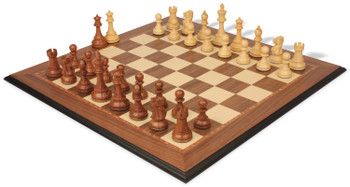 British Staunton Chess Set Golden Rosewood & Boxwood Pieces with Walnut & Maple Molded Edge Board - King