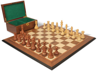 British Staunton Chess Set Golden Rosewood & Boxwood Pieces with Walnut Molded Board & Box - 4" King