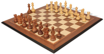 Deluxe Old Club Staunton Chess Set Golden Rosewood & Boxwood Pieces with Walnut & Maple Molded Edge Board - 3.75" King