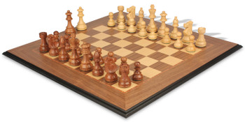 French Lardy Staunton Chess Set Golden Rosewood & Boxwood Pieces with Molded Walnut Chess Board - 3.25" King