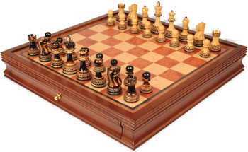 Deluxe Old Club Staunton Chess Set Burnt Boxwood Pieces with Elm Burl & Bird's-Eye Maple Chess Case - King