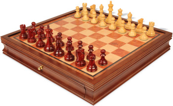 Reykjavik Series Chess Set Padauk & Boxwood Pieces with Elm Burl & Bird's-Eye Maple Chess Case - King