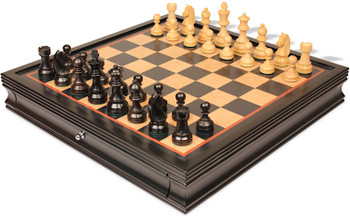 Queen's Gambit Chess Set Ebonized & Boxwood Pieces with Deluxe Two-Drawer Black & Bird's-Eye Maple Case - King