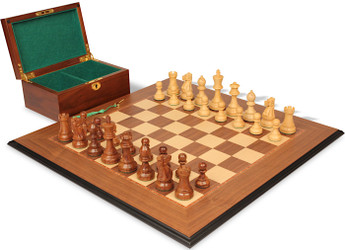 Parker Staunton Chess Set Golden Rosewood & Boxwood Pieces with Walnut & Maple Molded Edge Board & Box - 3.75" King