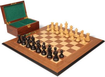 Parker Staunton Chess Set Ebonized & Natural Boxwood Pieces with Walnut & Maple Molded Edge Board & Box - King