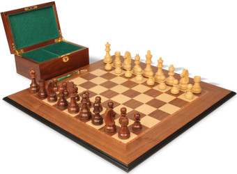 German Knight Staunton Chess Set Golden Rosewood & Boxwood Pieces with Walnut & Maple Molded Edge Board & Box - King