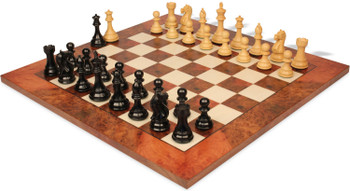 Fierce Knight Staunton Chess Set Ebonized & Boxwood Pieces with Elm Burl & Erable Board - King