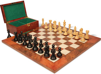 Fierce Knight Staunton Chess Set Ebonized & Boxwood Pieces with Elm Burl & Erable Board & Box - King