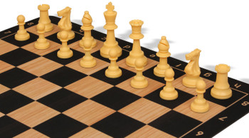 The Chess Store Club Special Plastic Chess Set Black & Camel Triple Weighted Pieces with Extra Queens, Macassar Ebony & Maple Floppy Chess Board & Box