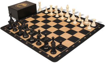 The Chess Store Master Series Plastic Chess Set Black & Ivory Pieces with Extra Queens, Macassar Ebony & Maple Floppy Chess Board & Box - King