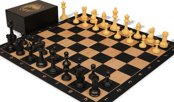 The Chess Store Master Series Plastic Chess Set Black & Camel Pieces with Extra Queens, Macassar Ebony & Maple Floppy Chess Board & Box - King