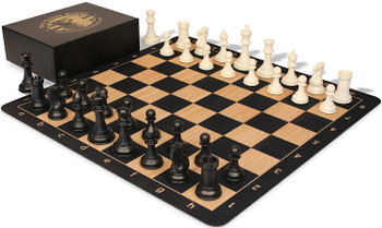 The Chess Store Conqueror Triple Weighted Plastic Chess Set Black & Ivory Pieces with Extra Queens, Macassar Ebony & Maple Floppy Chess Board & Box - 