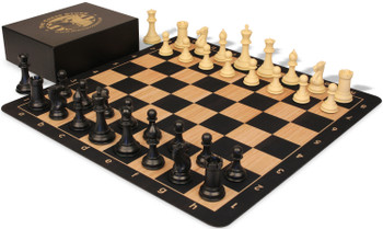 The Chess Store Conqueror Triple Weighted Plastic Chess Set Black & Camel Pieces with Extra Queens, Macassar Ebony & Maple Floppy Chess Board & Box - 