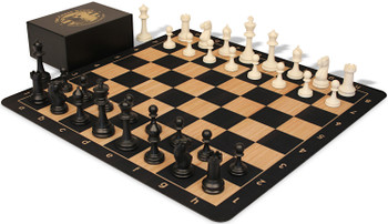 The Chess Store Master Series Triple Weighted Plastic Chess Set Black & Ivory Pieces with Extra Queens, Macassar Ebony & Maple Floppy Chess Board & Box - 3.75" King