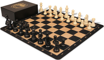 The Chess Store German Knight Plastic Chess Set Black & Aged Ivory Pieces with Extra Queens, Macassar Ebony & Maple Floppy Chess Board & Box - 3.75" King