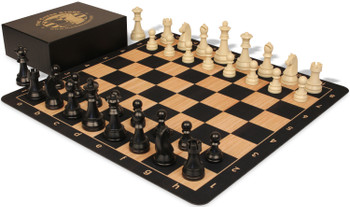 The Chess Store German Knight Tournament Special Plastic Chess Set Black & Aged Ivory Pieces with Extra Queens, Macassar Ebony & Maple Floppy Chess Bo