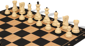 Zagreb Plastic Chess Set Black & Aged Ivory Pieces with Macassar Ebony & Maple Floppy Chess Board - King