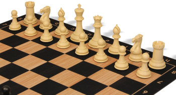 Conqueror Triple Weighted Plastic Chess Set Black & Camel Pieces with Macassar Ebony & Maple Floppy Chess Board - King