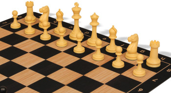 Master Series Triple Weighted Plastic Chess Set Black & Camel Pieces with Macassar Ebony & Maple Floppy Chess Board - 3.75" King