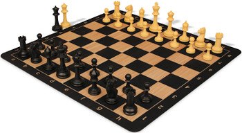 Master Series Plastic Chess Set Black & Camel Pieces with Macassar Ebony & Maple Floppy Chess Board - 3.75" King