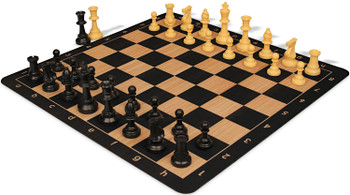 Club Special Plastic Chess Set Black & Camel Triple Weighted Pieces with Macassar Ebony & Maple Floppy Chess Board - 3.75" King