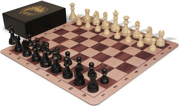 The Chess Store German Knight Tournament Special Plastic Chess Set Black & Aged Ivory Pieces with Extra Queens, Walnut & Maple Floppy Chess Board & Bo