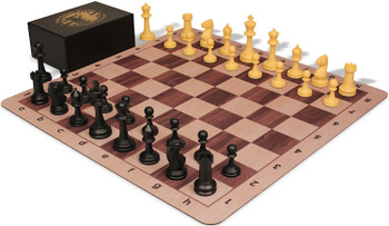 The Chess Store Master Series Plastic Chess Set Black & Camel Triple Weighted Pieces with Extra Queens, Walnut & Maple Floppy Chess Board & Box - 3.75" King