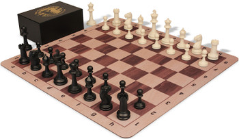 The Chess Store Master Series Triple Weighted Plastic Chess Set Black & Ivory Pieces with Extra Queens, Walnut & Maple Floppy Chess Board & Box - 3.75" King