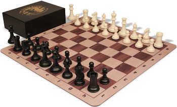 The Chess Store Conqueror Triple Weighted Plastic Chess Set Black & Ivory Pieces with Extra Queens, Walnut & Maple Floppy Chess Board & Box - King