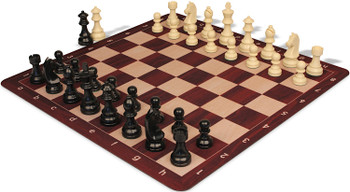 German Knight Plastic Chess Set Black & Aged Ivory Pieces with Rosewood & Maple Floppy Chess Board - King