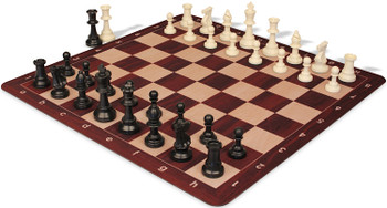 Club Special Plastic Chess Set Black & Ivory Triple Weighted Pieces with Rosewood & Maple Floppy Chess Board - 3.75" King
