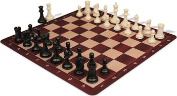Conqueror Triple Weighted Plastic Chess Set Black & Ivory Pieces with Rosewood & Maple Floppy Chess Board - King