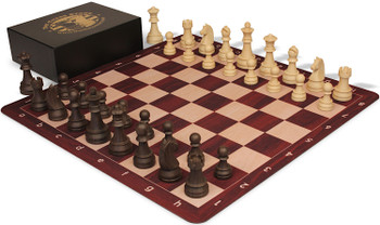 The Chess Store German Knight Tournament Special Plastic Chess Set Wood Grain Pieces with Extra Queens, Rosewood & Maple Floppy Chess Board & Box - Ki