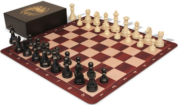 The Chess Store German Knight Tournament Special Plastic Chess Set Black & Aged Ivory Pieces with Extra Queens, Rosewood & Maple Floppy Chess Board & 