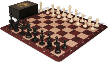 The Chess Store Master Series Triple Weighted Plastic Chess Set Black & Ivory Pieces with Extra Queens, Rosewood & Maple Floppy Chess Board & Box - 3.75" King