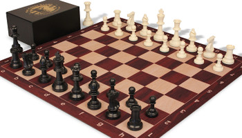 The Chess Store Club Special Plastic Chess Set Black & Ivory Pieces with Extra Queens, Rosewood & Maple Floppy Chess Board & Box - King