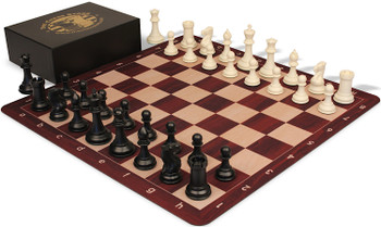 The Chess Store Conqueror Triple Weighted Plastic Chess Set Black & Ivory Pieces with Extra Queens, Rosewood & Maple Floppy Chess Board & Box - 3.75" King