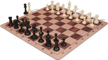 Master Series Triple Weighted Plastic Chess Set Black & Ivory Pieces with Walnut & Maple Floppy Chess Board - 3.75" King