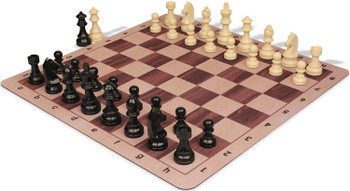 German Knight Plastic Chess Set Black & Aged Ivory Pieces with Walnut & Maple Floppy Chess Board - King