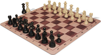 German Knight Tournament Special Plastic Chess Set Black & Aged Ivory Pieces with Walnut & Maple Floppy Chess Board - King