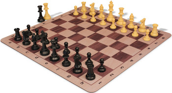 Club Special Plastic Chess Set Black & Camel Pieces with Walnut & Maple Floppy Chess Board - 3.75" King