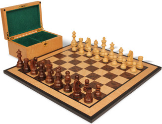 German Knight Staunton Chess Set Golden Rosewood & Boxwood Pieces with Walnut Burl & Bird's-Eye Maple Board & Box - 3.75" King