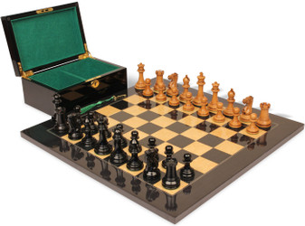 1849 Heirloom Staunton Chess Set Ebony & Antiqued Boxwood Pieces with Walnut Burl & Bird's-Eye Maple Board & Box - King