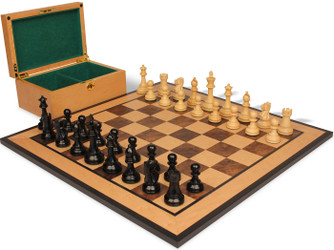 British Staunton Chess Set Ebony & Boxwood Pieces with Walnut Burl & Bird's-Eye Maple Board & Box - King