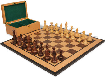 British Staunton Chess Set Golden Rosewood & Boxwood Pieces with Walnut Burl & Bird's-Eye Maple Board & Box - King