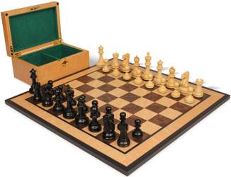 Deluxe Old Club Staunton Chess Set Ebonized & Boxwood Pieces with Walnut Burl & Bird's-Eye Maple Board & Box - King